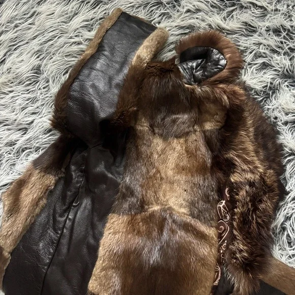 Vintage Mandel's Raccoon Fur Patchwork Leather Pea Coat Women's Size L- XL Brown - Picture 12 of 12